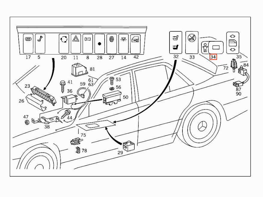 Mercedes W124 / A124 / C124 / S124 / W201 / W210 / W140 / W463 / W126 / C126 / R129 Child Safety Lock A1248204910