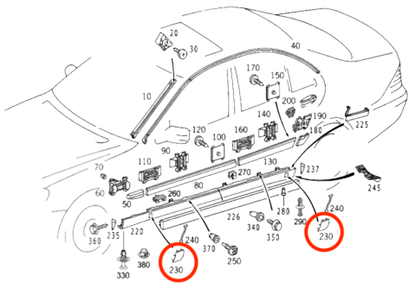 Mercedes W140 Jack Point Hole Abdeckung Clip Verkleidung SET (4 pieces A1406980330 / 1406980330)