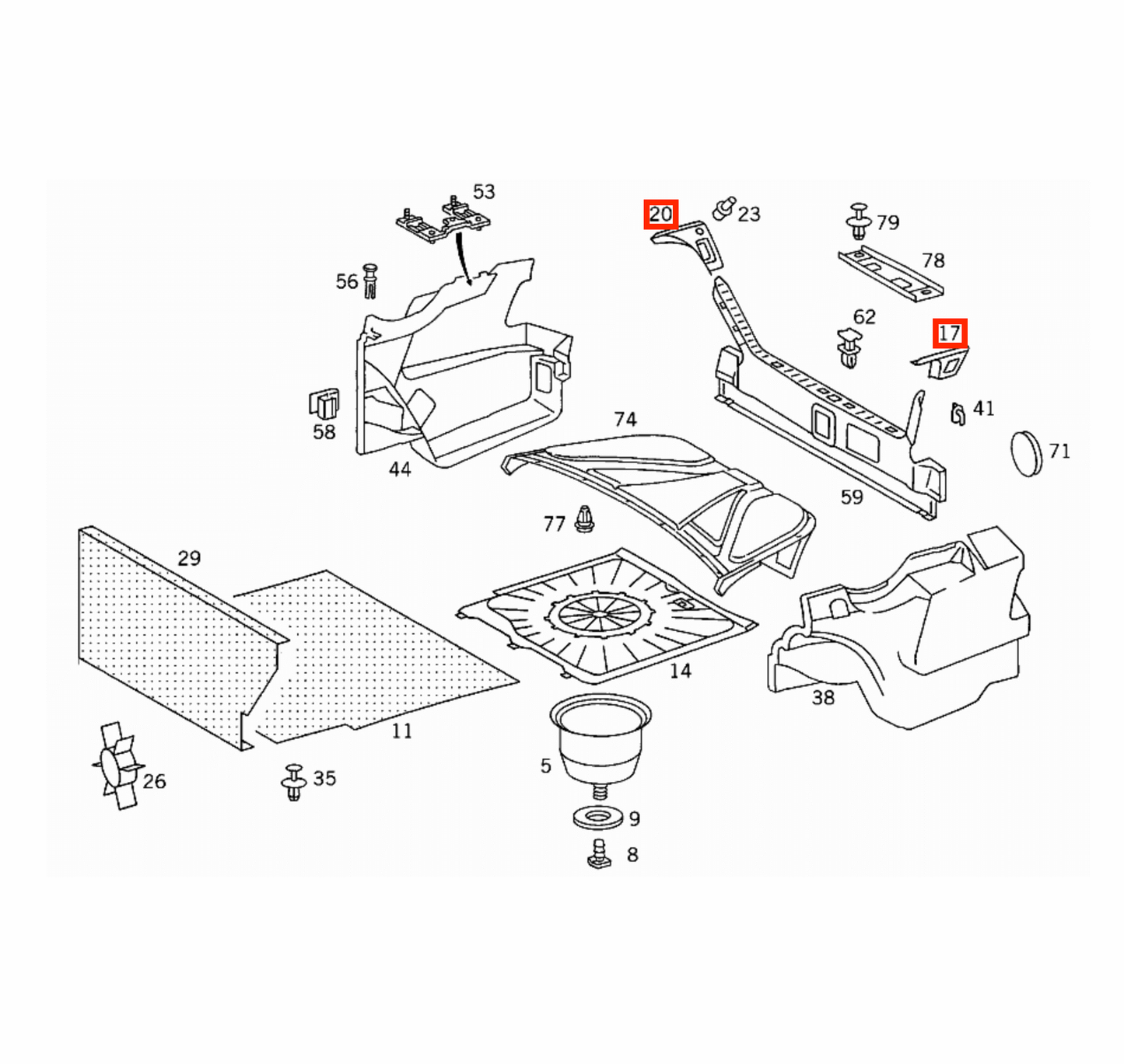 Mercedes W124 Coupe / Convertible Inner Trunk Frame Abdeckung Verkleidung links/rechts schwarz A1246932133 / A1246932233