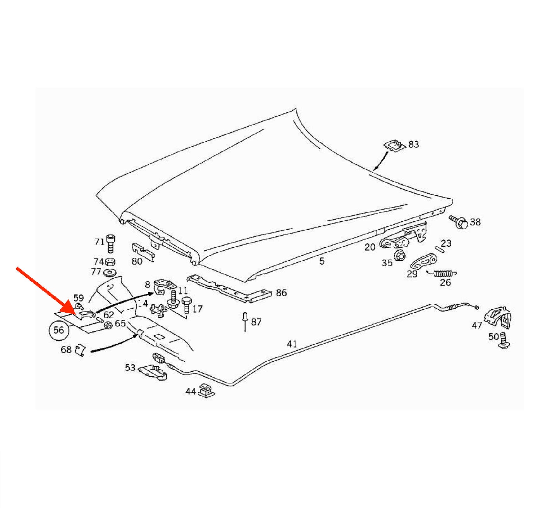 Mercedes W124 Hood Latch Mechanism Unlock Handle schwarz A1248870527