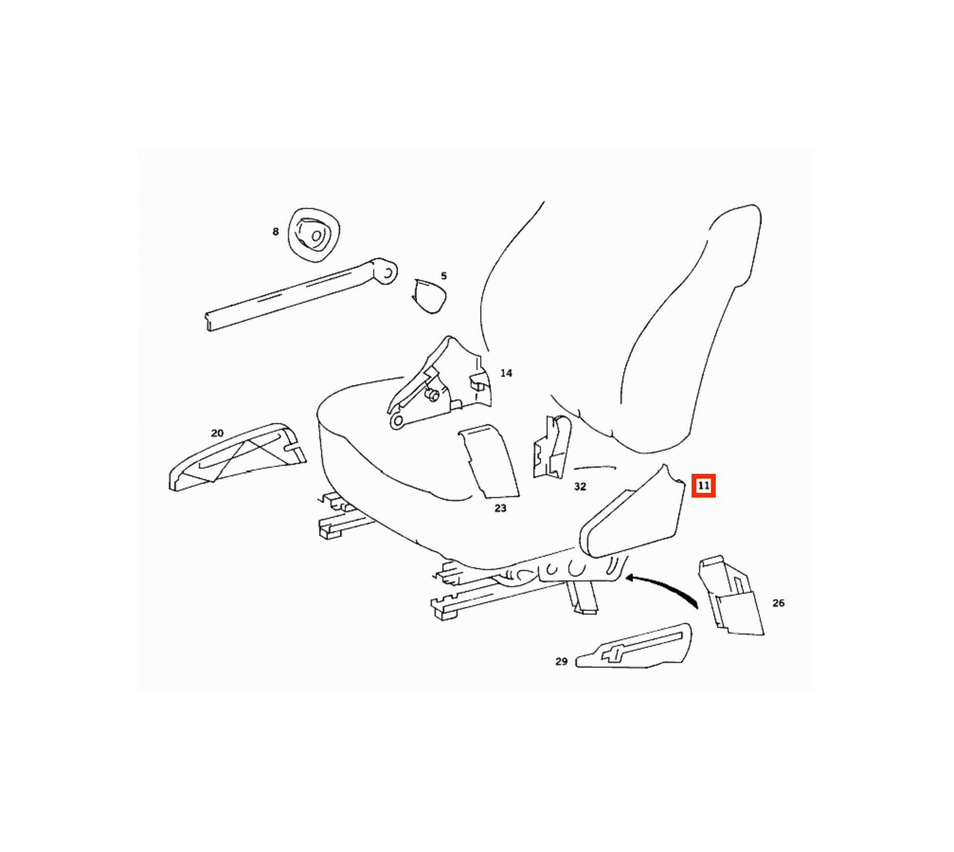 Mercedes W126 / C126 SEC Facelift Front Seat Outer Side Abdeckung Verkleidung links/rechts A1269180130 / A1269180230