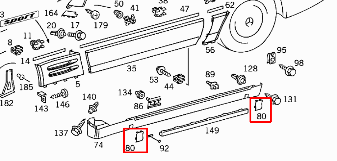 Mercedes R129 R129 Jacking Point Abdeckung Set Of 4 Pieces A1296982730 & A1296982630R & A1296982530L