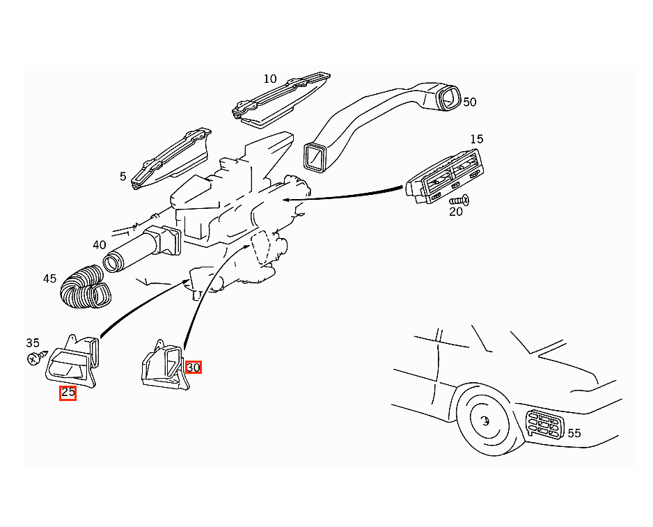 Mercedes R129 Cabin Air Duct Channel links/rechts Two Versions schwarz A1298310346 / A1298311446