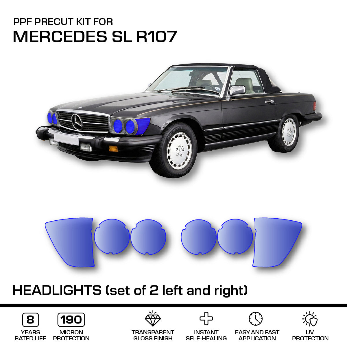 Mercedes SL R107 Headlights – 3M PRO Transparent PPF Paint Protection Film Precut – Anti-scratch Foil