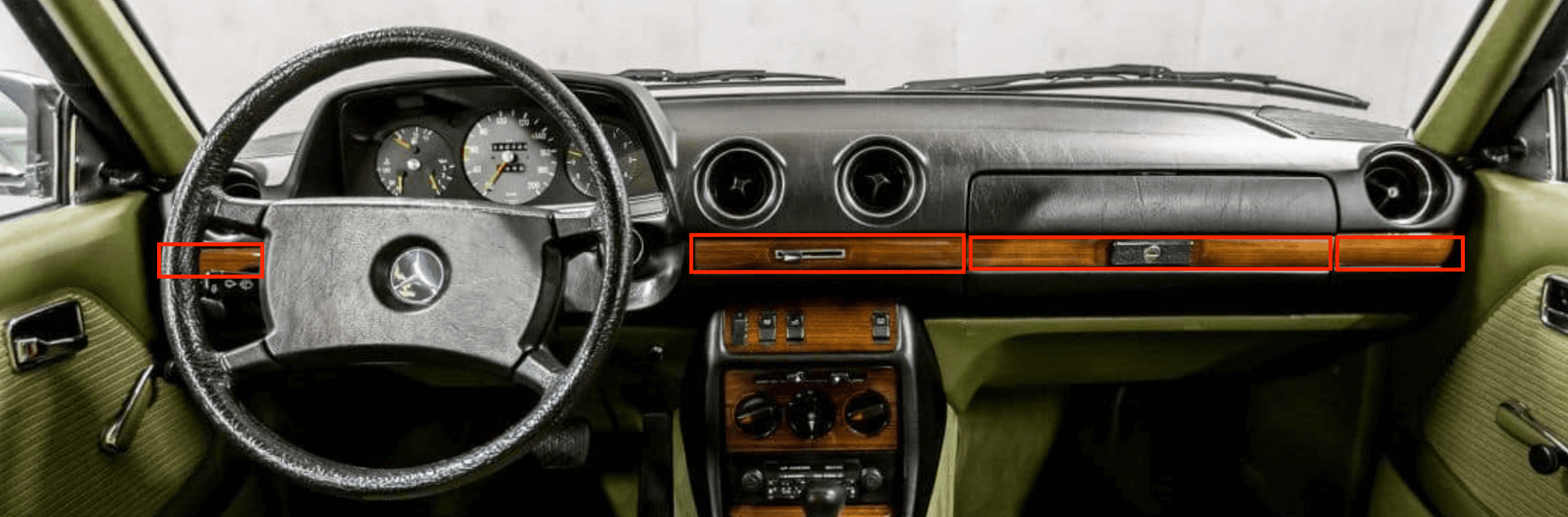 Mercedes W123 Wood Verkleidung Dashboard Zebrano LHD Set of 4 A1236801671 / A1236801071 / A1236801471 / A1236800871 / A1236801271