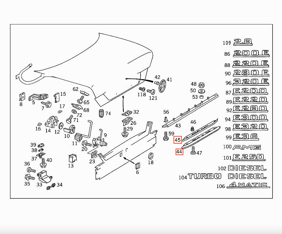Mercedes W124 Trunk Lid Grip Verkleidung Set A1247580096 / 1247500293