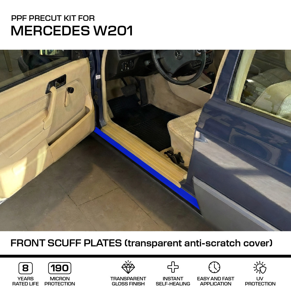 Mercedes W201 Front Scuff Plates - PPF Paint Protection Film Precut - 3M Pro Transparent Anti-scratch Abdeckung