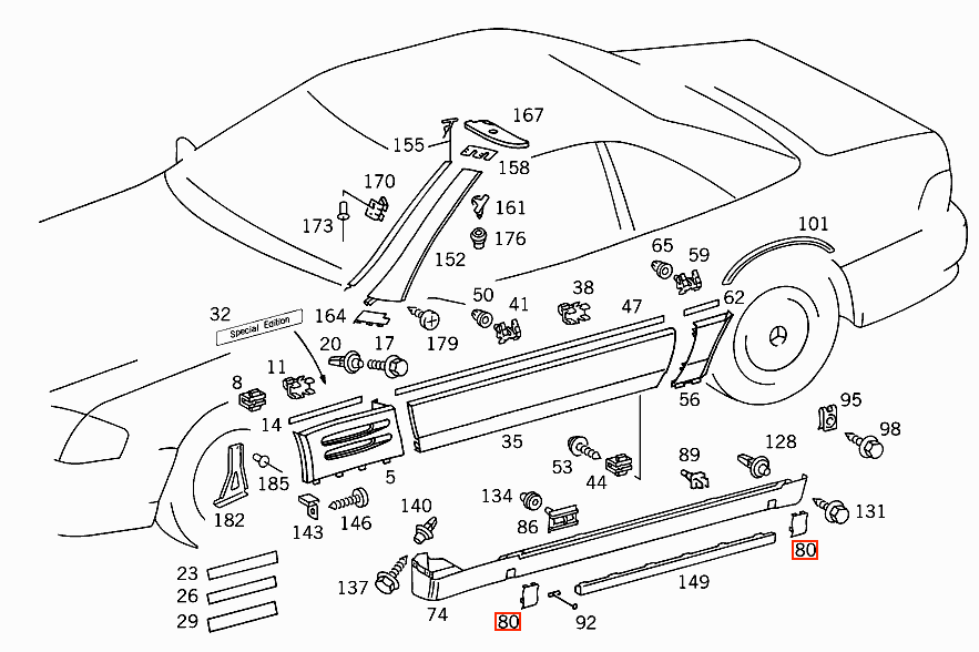 Mercedes R129 AMG PreLift Jacking Point Abdeckung Set of 4 HWA1296980130, HWA1296980230, HWA1296980330, HWA1296980430