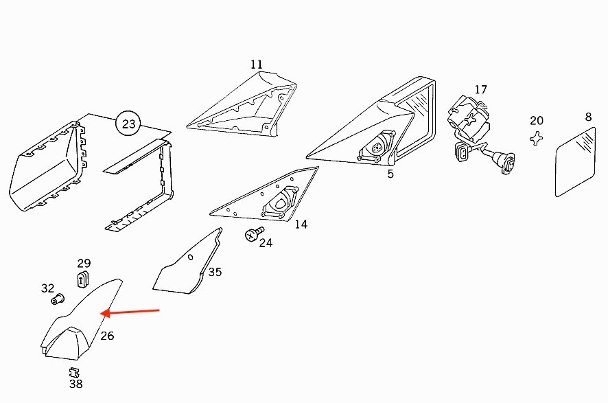 Mercedes W124 W124 Door Interior Mirror Abdeckung Verkleidung links/rechts A1247251711 / A1247251811